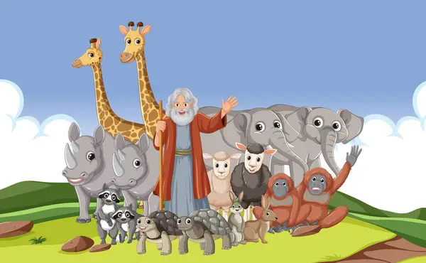 Vibrant Cartoon Illustration Depicting Group Wild Animals Biblical Story Noah — Stock Vector