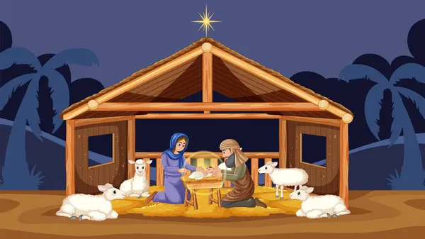 Mary Giving Birth Jesus Surrounded Sheep Joseph Cartoon Style Illustration — Stock Vector