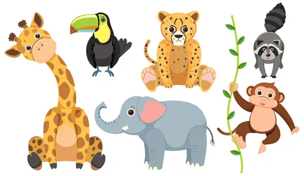 Bir Grup Vahşi Hayvan Basit Bir Karikatür Çiziminde Resmedilmiş — Stok Vektör