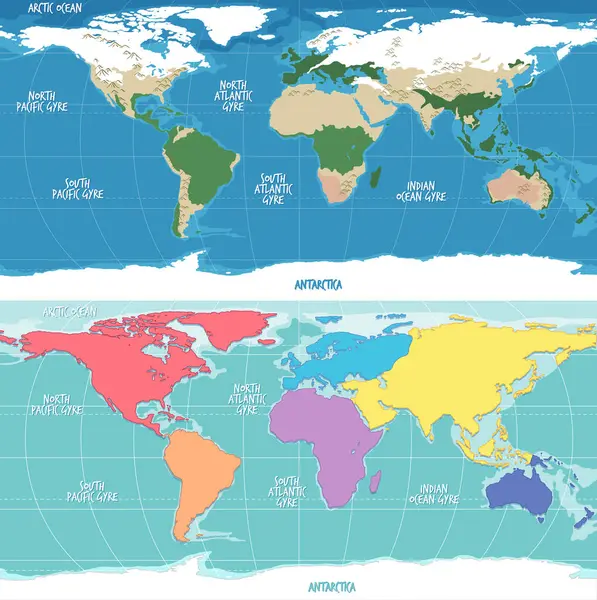 五彩斑斓的卡通画 描绘了现实的世界地图和各大洲 — 图库矢量图片#