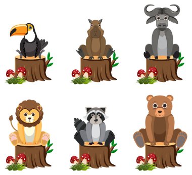 Bir ağaç kütüğüne tünemiş vahşi hayvanların vektör çizimi