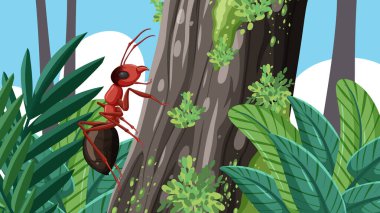 Huzurlu bir karınca yosun kaplı bir ağaçta yürüyor doğanın güzelliği arasında