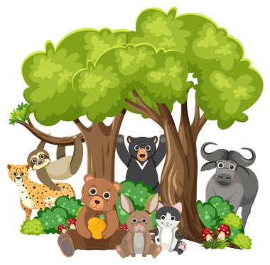 Birçok vahşi hayvan bir ağacın altında uyum içinde yaşıyor.