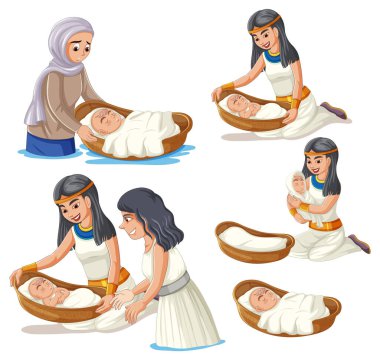 Bithiah 'ın Musa' yı kurtardığını gösteren büyüleyici bir karikatür çizimi.