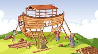 Eski insanların Nuh 'un gemisini ahşaptan inşa edişini tasvir ediyor.