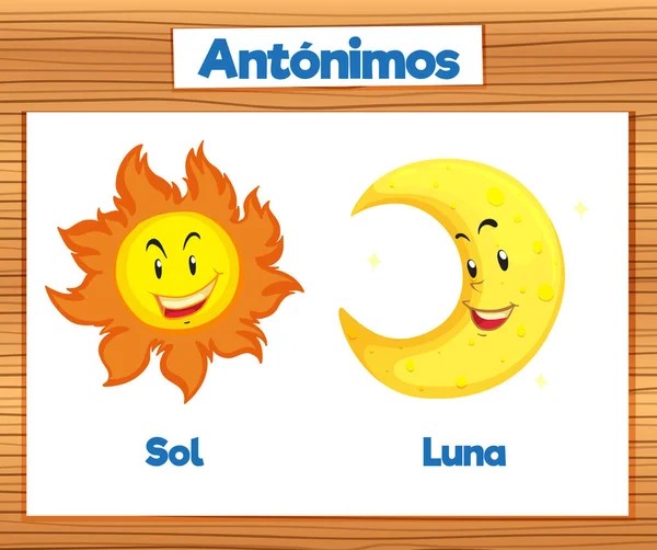 ソルとルナでスペイン語でアントニムをフィーチャーしたイラストカードは 太陽と月を意味します — ストックベクタ