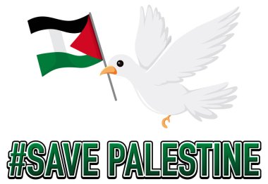 Filistin bayrağını taşıyan beyaz bir kuşun vektör çizimi, barış ve desteği temsil ediyor.