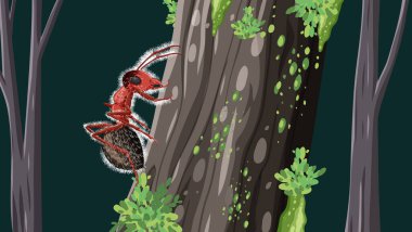 Ağaçta yürürken mantar taşıyan bir karınca çizimi.