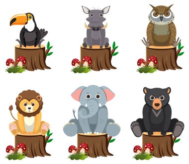 Bir ağaç kütüğüne tünemiş vahşi hayvanların vektör çizimi