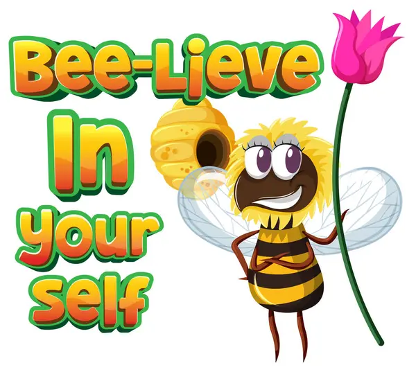 Funny Pun Word Bee Lieve Illustrated Cute Bee Cartoon — Stock Vector