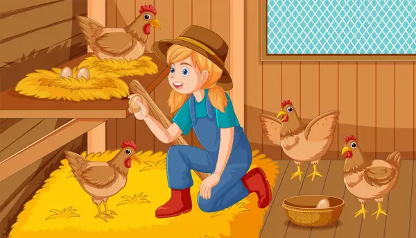 Neşeli bir kız, mutlu bir şekilde kümeste yumurta topluyor.