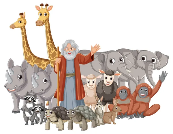 Whimsical Cartoon Illustration Depicting Group Wild Animals Biblical Story Noah — Stock Vector