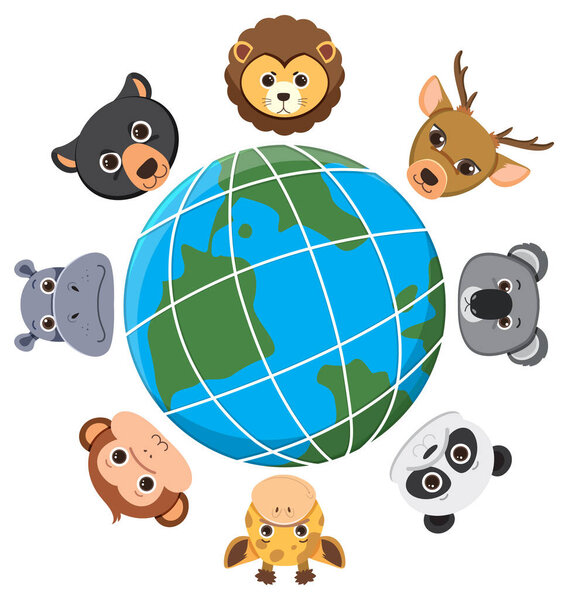 Illustration of wild animals peeking above a globe