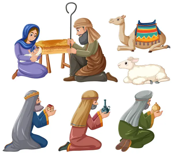 Una Vibrante Ilustración Vectorial Que Representa Nacimiento Jesús Estilo Dibujos — Archivo Imágenes Vectoriales