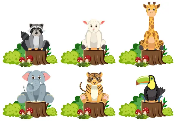 Vektorové Kreslené Ilustrace Zvířat Sedících Pařezu Stromu Obklopených Keřem Royalty Free Stock Vektory