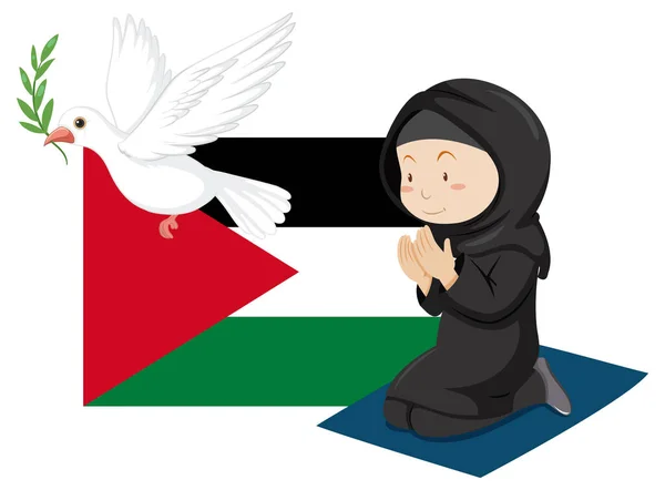 平和な白鳥を伴うパレスチナの旗で祈るイスラム教徒の少女のイラスト ストックイラスト