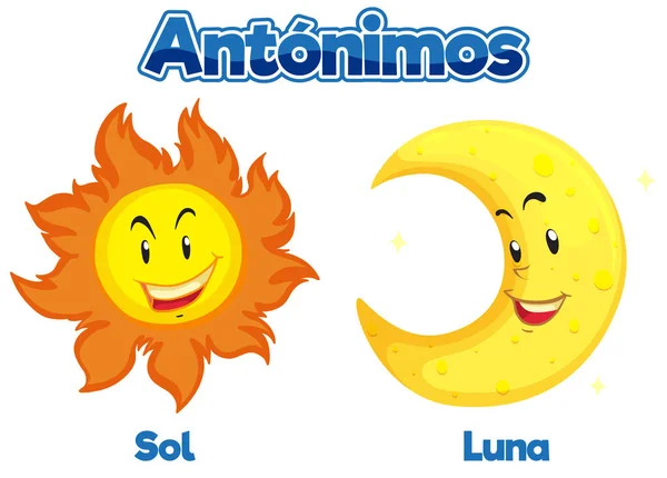 Ilustrowana Kartka Hiszpańskimi Antonymami Sol Słońce Luna Księżyc Wektor Stockowy