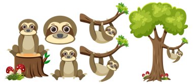 Ağaç elementleriyle çevrili bir dalda asılı duran tembel hayvanın vektör çizimi