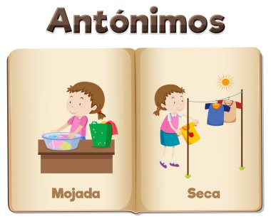 Islak ve kuru kavramları öğrenmek için İspanyolca resimli resim kartları