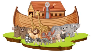 Bir grup vahşi hayvan ve İncil 'deki Nuh Nuh' un Gemisi 'nin önünde duruyor.