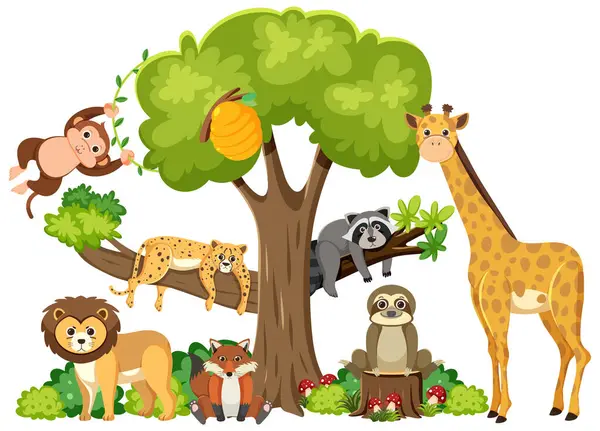 Wild Animals Living Together Happily Isolated Forest — Stock Vector