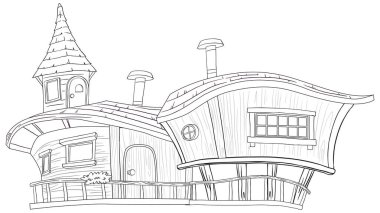 Fantezi bir ağaç evin siyah beyaz çizimi.