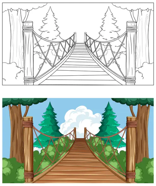 Due Fasi Dell Illustrazione Ponte Dallo Schizzo Colore — Vettoriale Stock