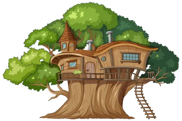 Whimsical Domek Drzewie Położony Wśród Tętniących Życiem Zielonych Liści — Wektor stockowy