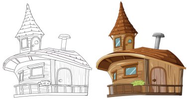 Renkli ve çizgi çizili ağaç ev çizimleri yan yana.