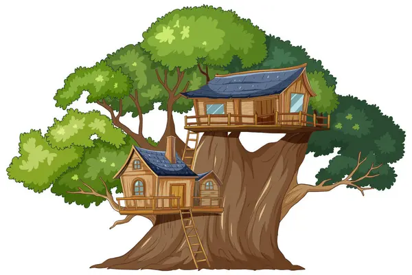 Whimsical Domek Drzewie Położony Wśród Tętniących Życiem Zielonych Liści — Wektor stockowy