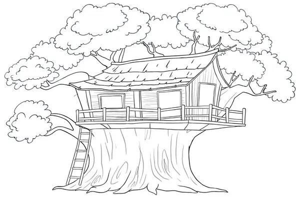 Black White Illustration Whimsical Treehouse — Stock Vector