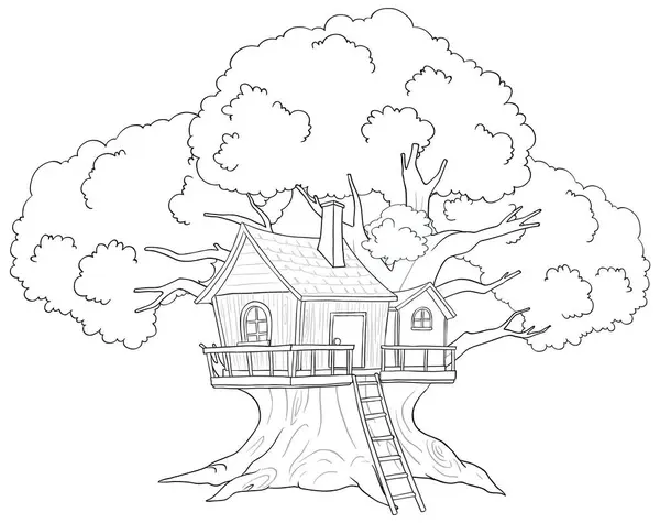 Schwarz Weiße Zeichnung Eines Skurrilen Baumhauses — Stockvektor
