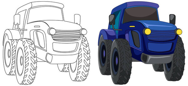 Outlined and colored monster truck side by side.