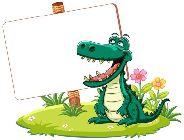 Mutlu çizgi film timsahı boş bir tabela tutuyor.