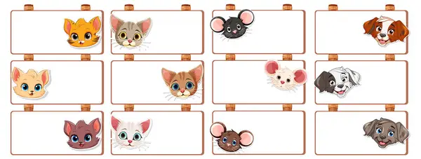Assorted Cartoon Cats Dogs Wooden Frames — Stock Vector
