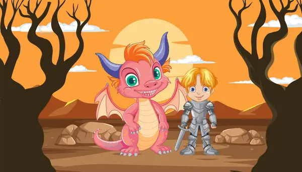 一个微笑的龙和骑士站在一起 — 图库矢量图片