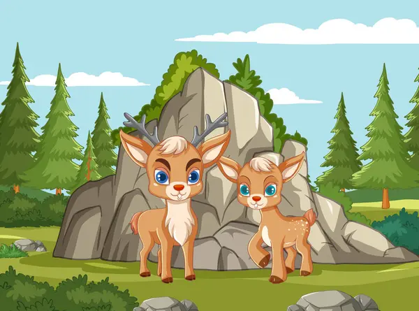 两只卡通小鹿站在阳光灿烂的森林里 — 图库矢量图片