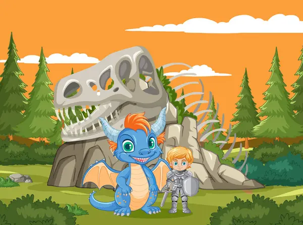Chevalier Dragon Debout Devant Des Dinosaures — Image vectorielle