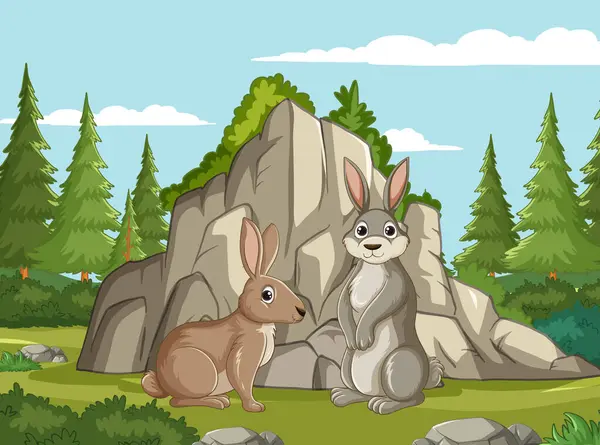 岩と松の木の近くに2つの漫画ウサギ — ストックベクタ