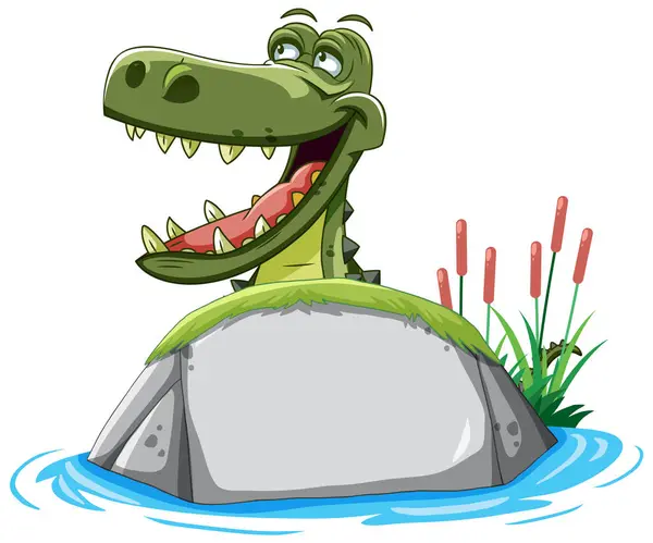 Crocodilo Dos Desenhos Animados Descansando Uma Pedra Água — Vetor de Stock