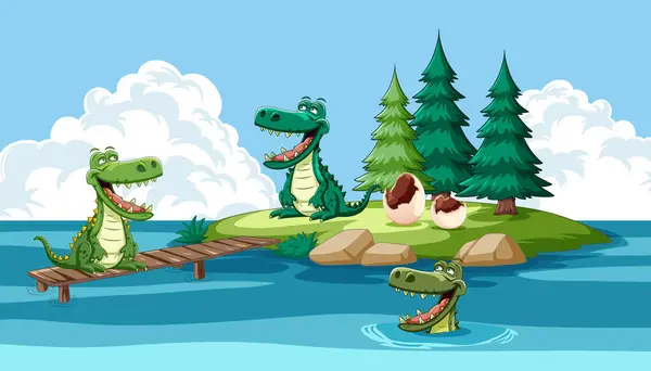 Three Crocodiles Enjoying Bright Day Outdoors — Stock Vector