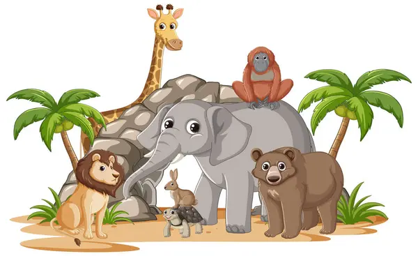 Группа Разнообразных Животных Мирно Стоящих Вместе — стоковый вектор