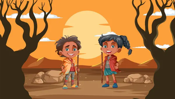两个孩子在日落时探索贫瘠的风景 矢量图形