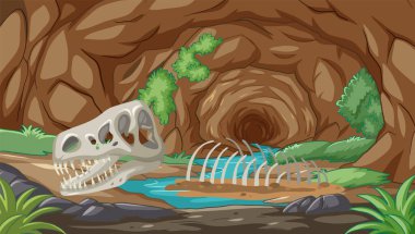 Vector illustration of dinosaur skeleton in a cave clipart