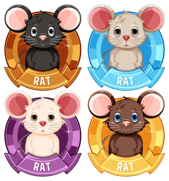 Vier Niedliche Cartoon Ratten Mit Lebendigen Badge Hintergründen — Stockvektor