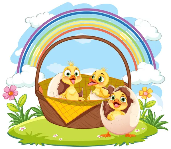 Cute Chicks Basket Colorful Rainbow — Stock Vector