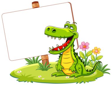 Mutlu çizgi film timsahı boş bir tahta tutuyor.