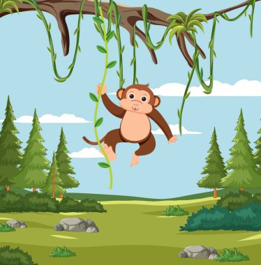 Neşeli bir maymun, yemyeşil bir ormanda sarmaşıklarda sallanıyor..