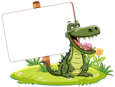 Mutlu çizgi film timsahı boş bir tabela tutuyor..