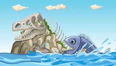 Bir adada karikatür balığı ve dinozor kafatası.